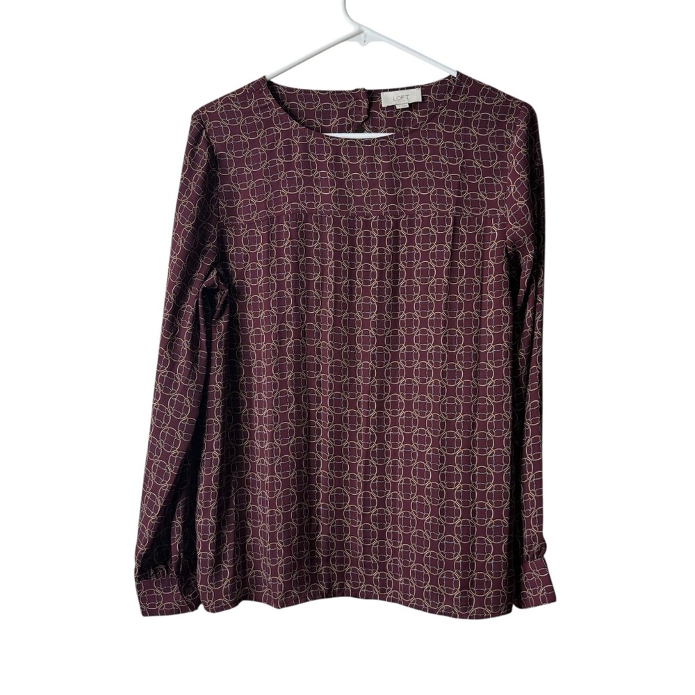 Loft Burgundy Patterned Keyhole Long Sleeve Blouse